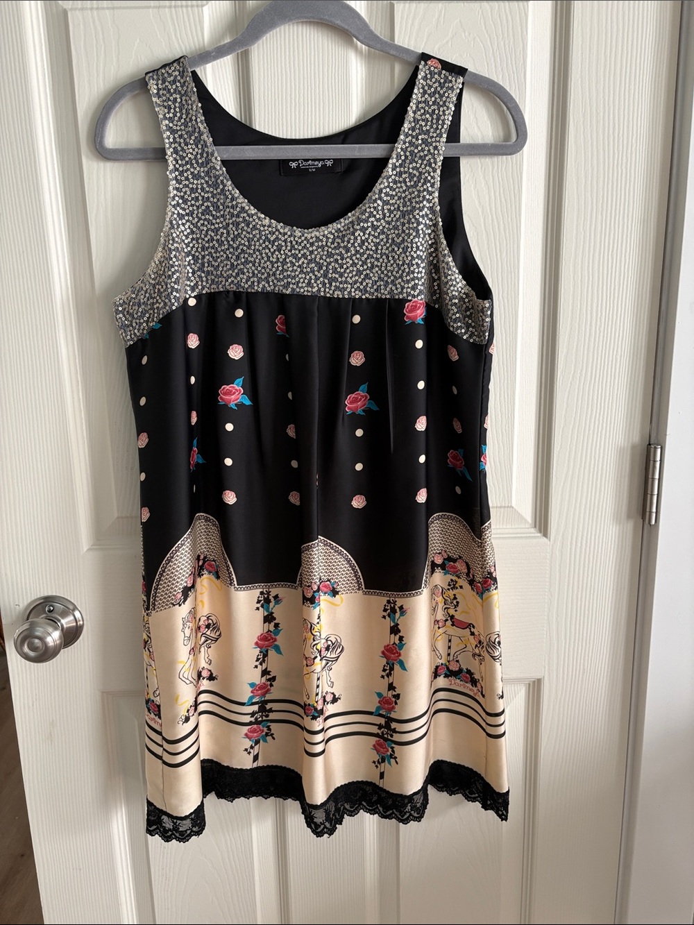 Sleeveless Carousel Floral & Polka Dot Mix Print Dress - Black